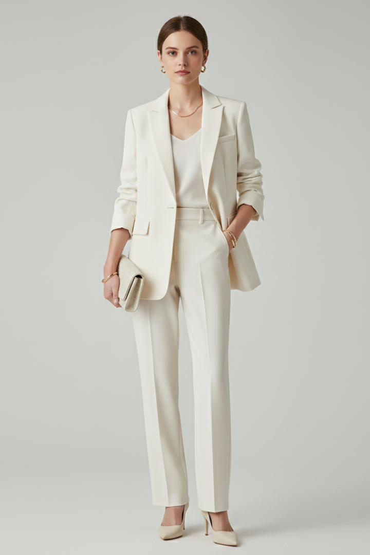Chic women's tailored blazer, part of a professional two-piece suit set. Ideal for elegant office attire.