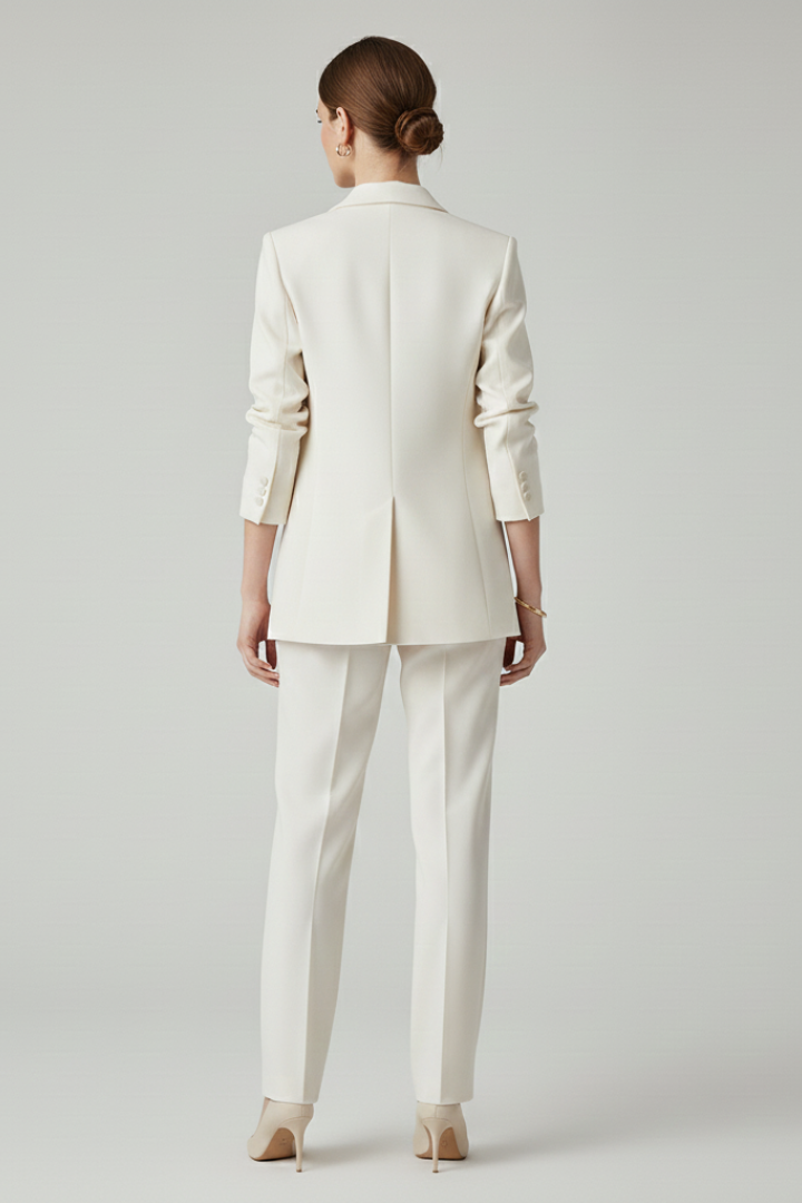 Model wearing a sophisticated women's tailored blazer and straight-leg trousers set, ideal for work.