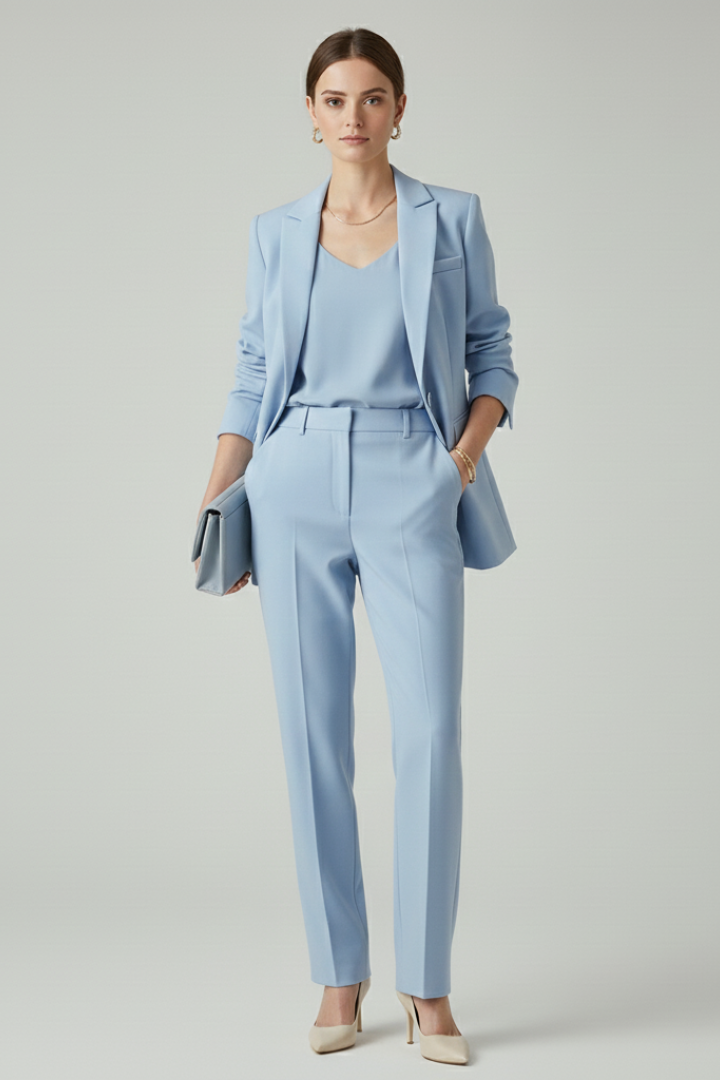 Two-piece women's professional set: a tailored blazer and straight-leg trousers for formal and office wear.