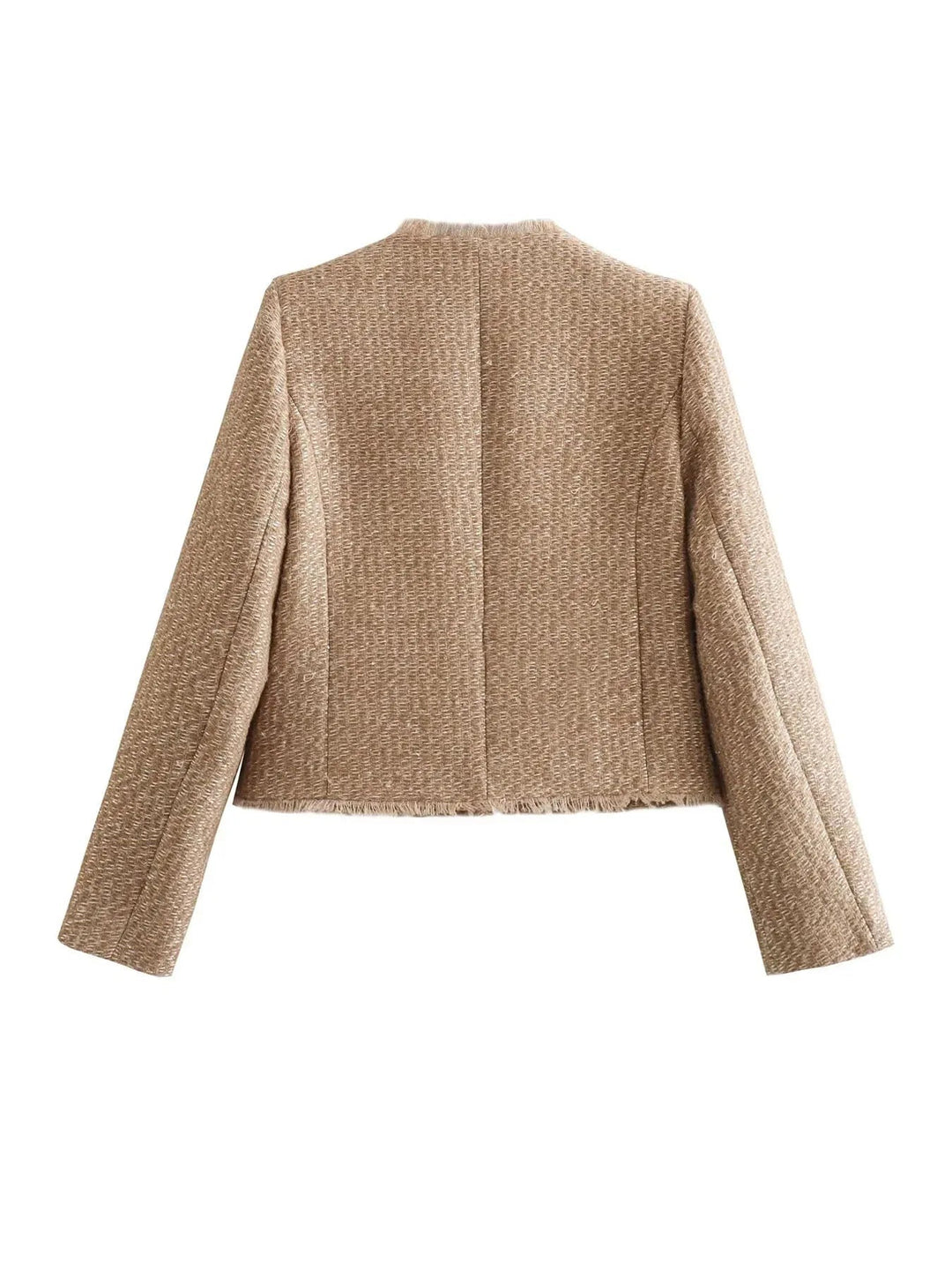 Fashionable women's tailored jacket, a chic cropped blazer with fringed edges for a modern look.