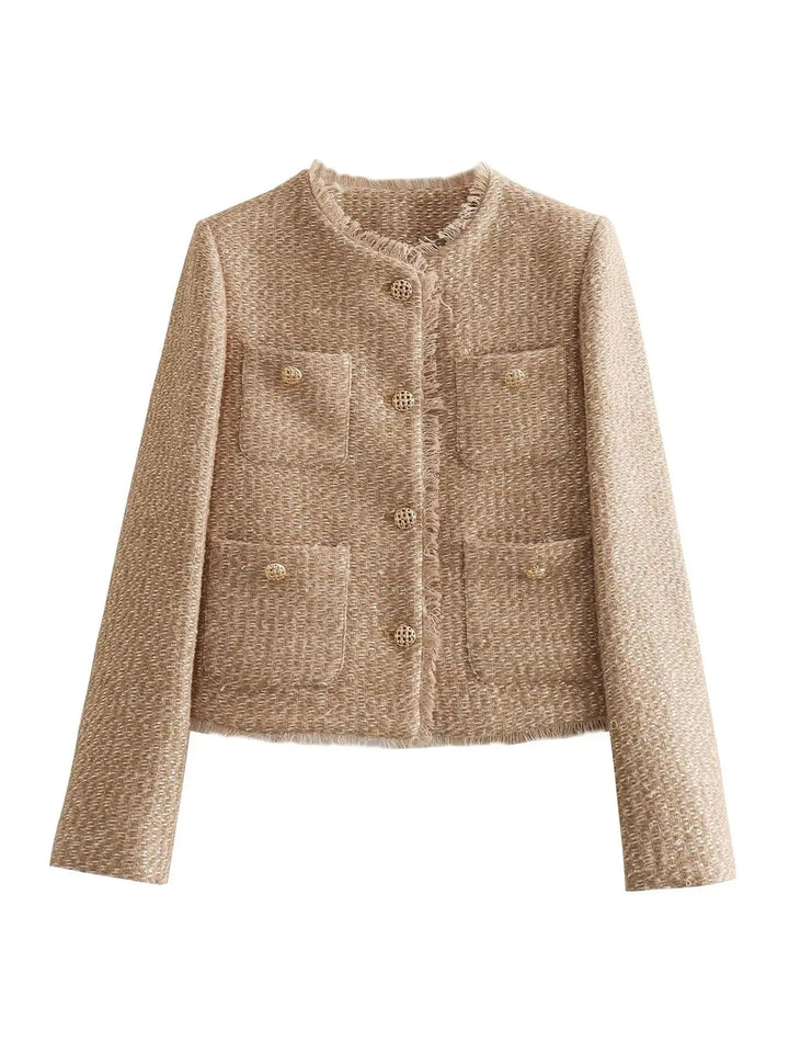 Sophisticated women's cropped jacket, tailored and collarless, with elegant fringe; stylish outerwear.