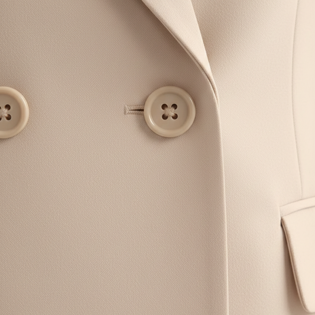 Chic women's double-breasted blazer and straight leg pants, a sophisticated tailored workwear set.