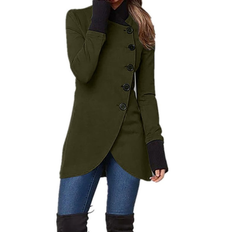 Elegant women's intermediate jacket, a versatile ladies fashion piece with a unique asymmetric closure.