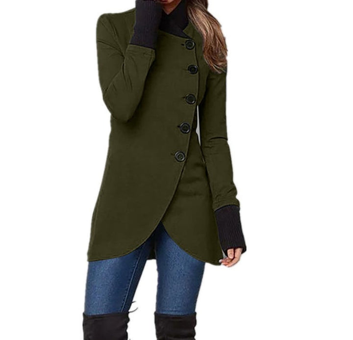 Elegant women's intermediate jacket, a versatile ladies fashion piece with a unique asymmetric closure.