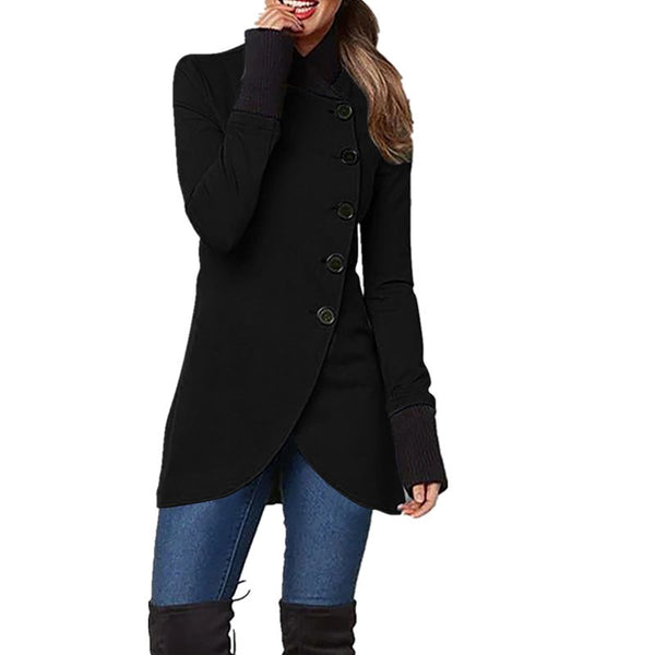 Stylish women's mid-season coat, featuring a chic asymmetric button-up closure for spring and fall fashion.