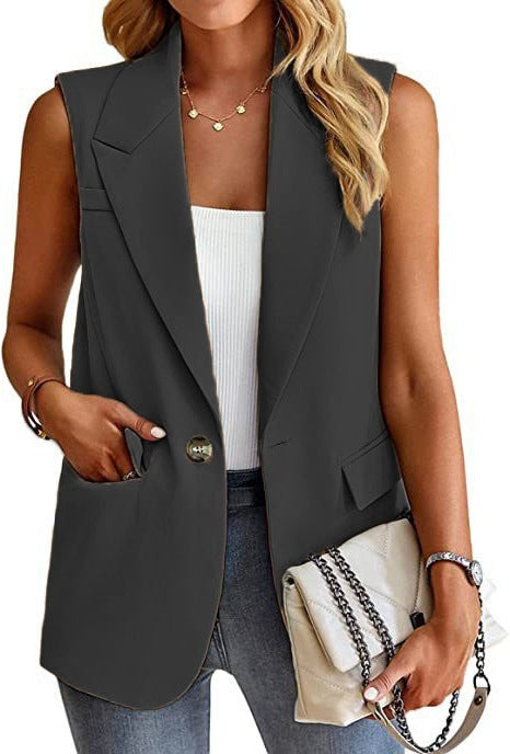 Sophisticated women's sleeveless blazer vest, tailored for a professional, chic, and versatile office wardrobe.