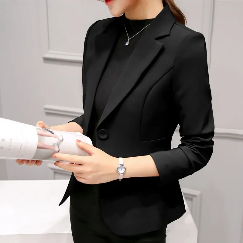 Front view of a women's professional slim fit blazer, a versatile piece for office wear and formal settings.