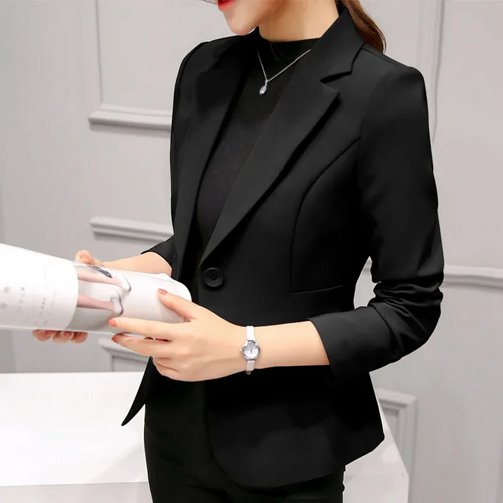 Front view of a women's professional slim fit blazer, a versatile piece for office wear and formal settings.