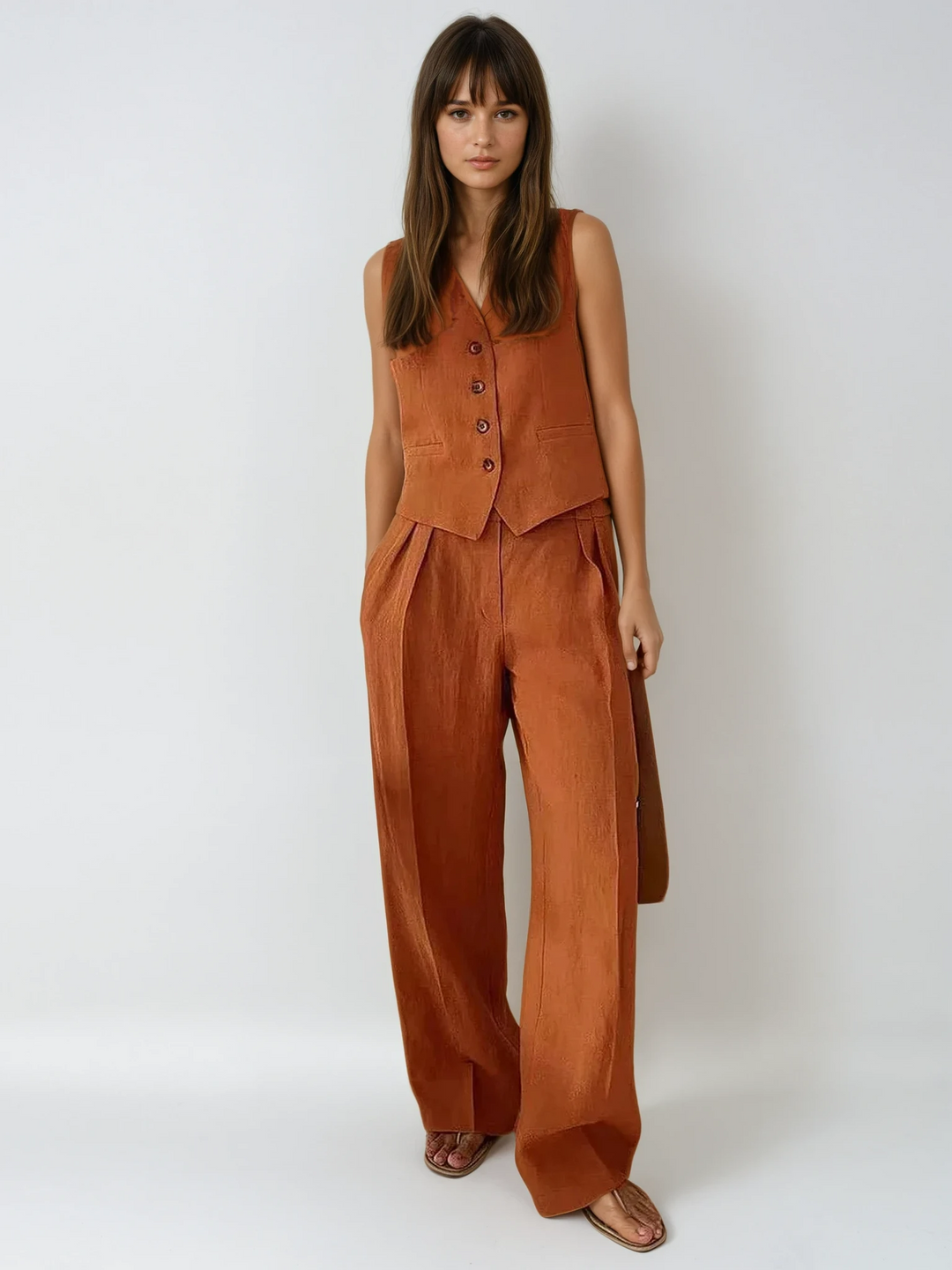 Women's tailored waistcoat & wide-leg trouser matching set, a chic 2-piece elegant outfit.