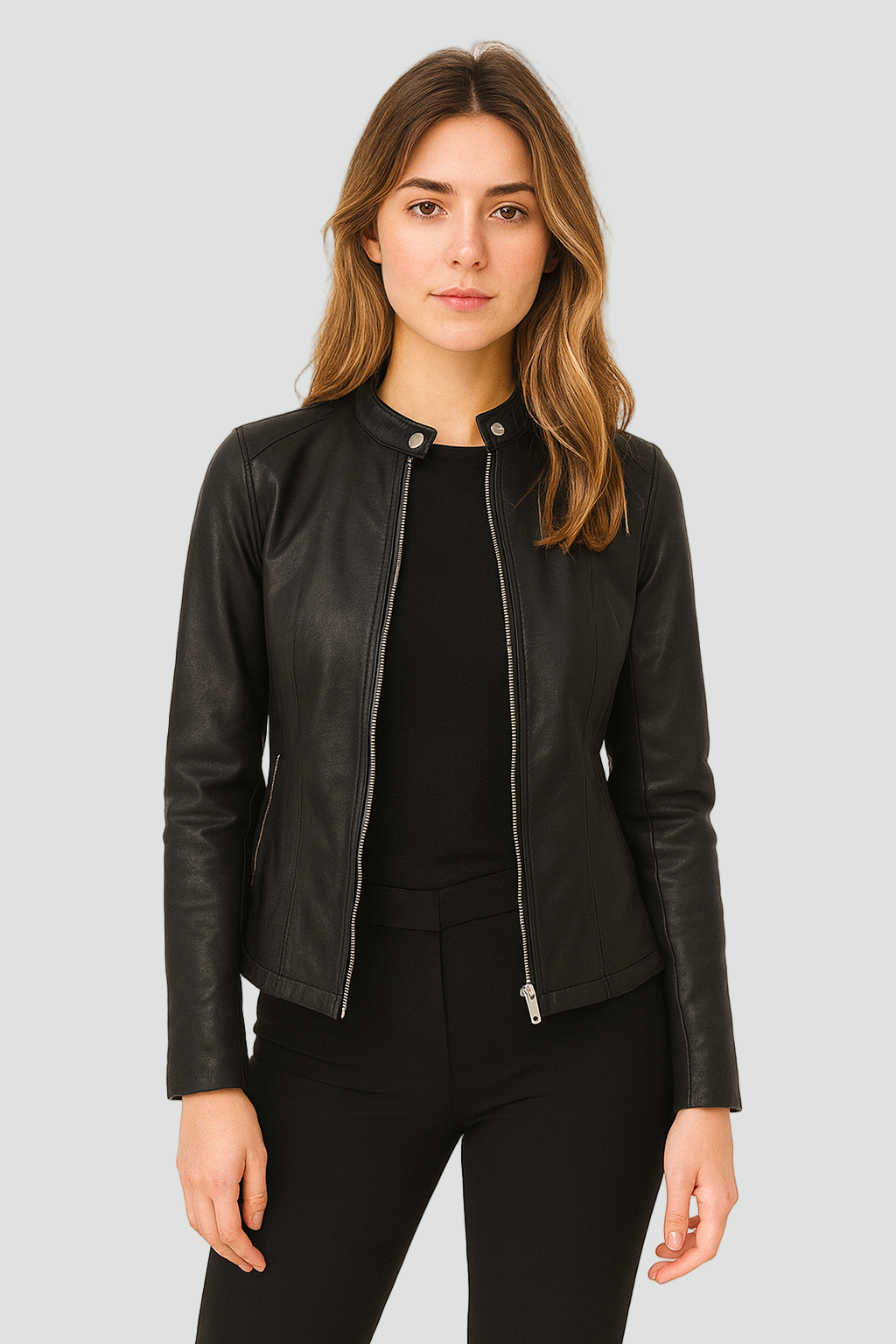 Women's tailored zip-up jacket. Chic modern outerwear for versatile everyday and evening styling. Elegant fashion.