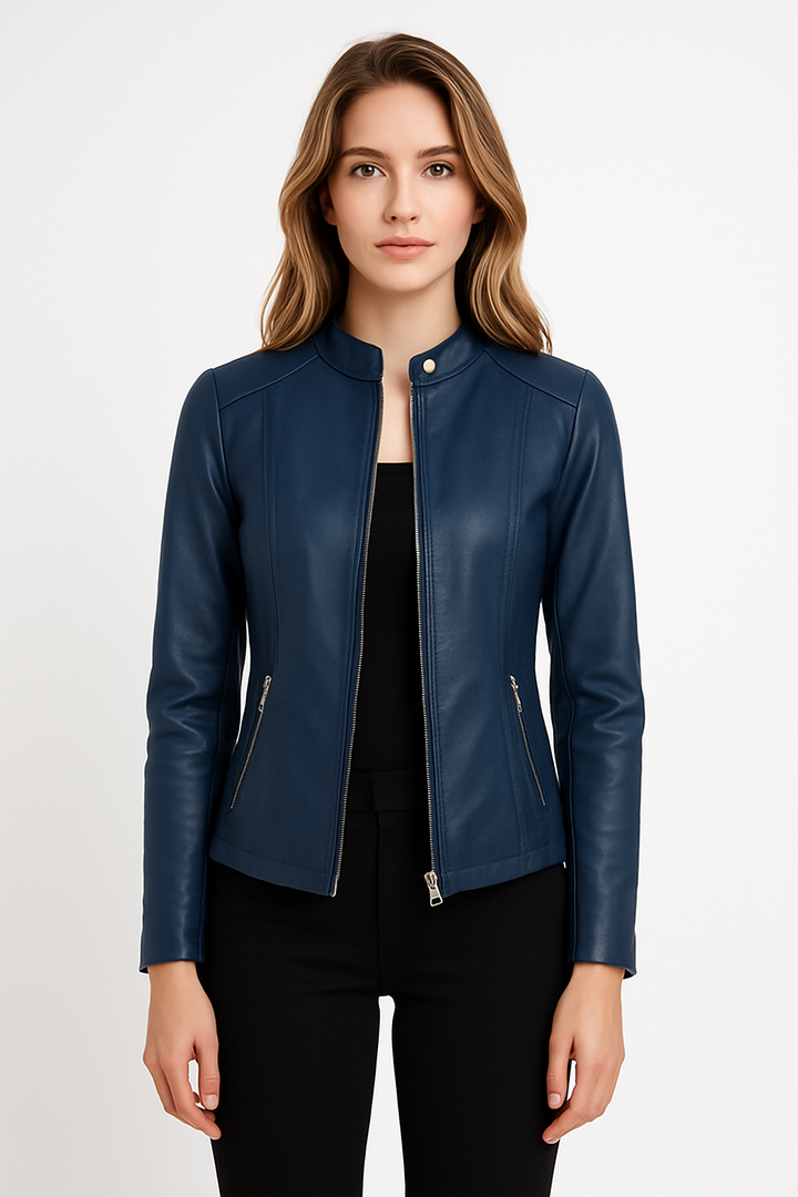 Women's zip-up tailored jacket. Versatile modern outerwear, essential for chic everyday and elegant evening style.