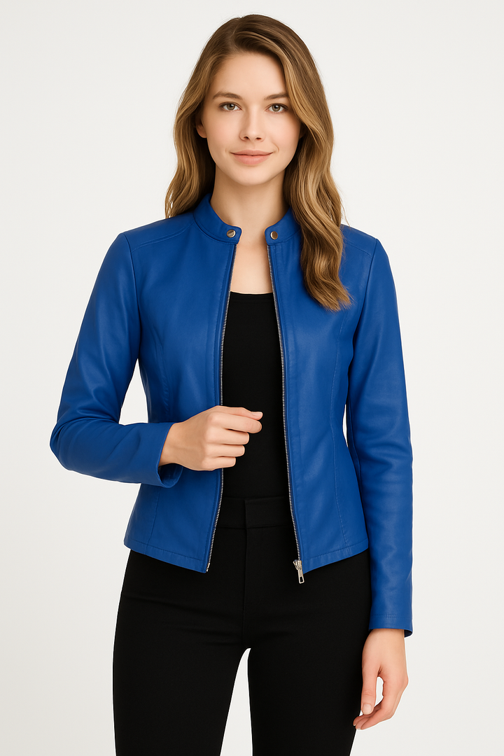 Elegant women's tailored zip-up jacket. Versatile modern outerwear, perfect for chic everyday or evening outfits.