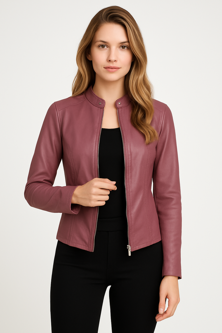 Stylish women's zip-up tailored jacket. Modern outerwear, offering versatile everyday and evening chic fashion.