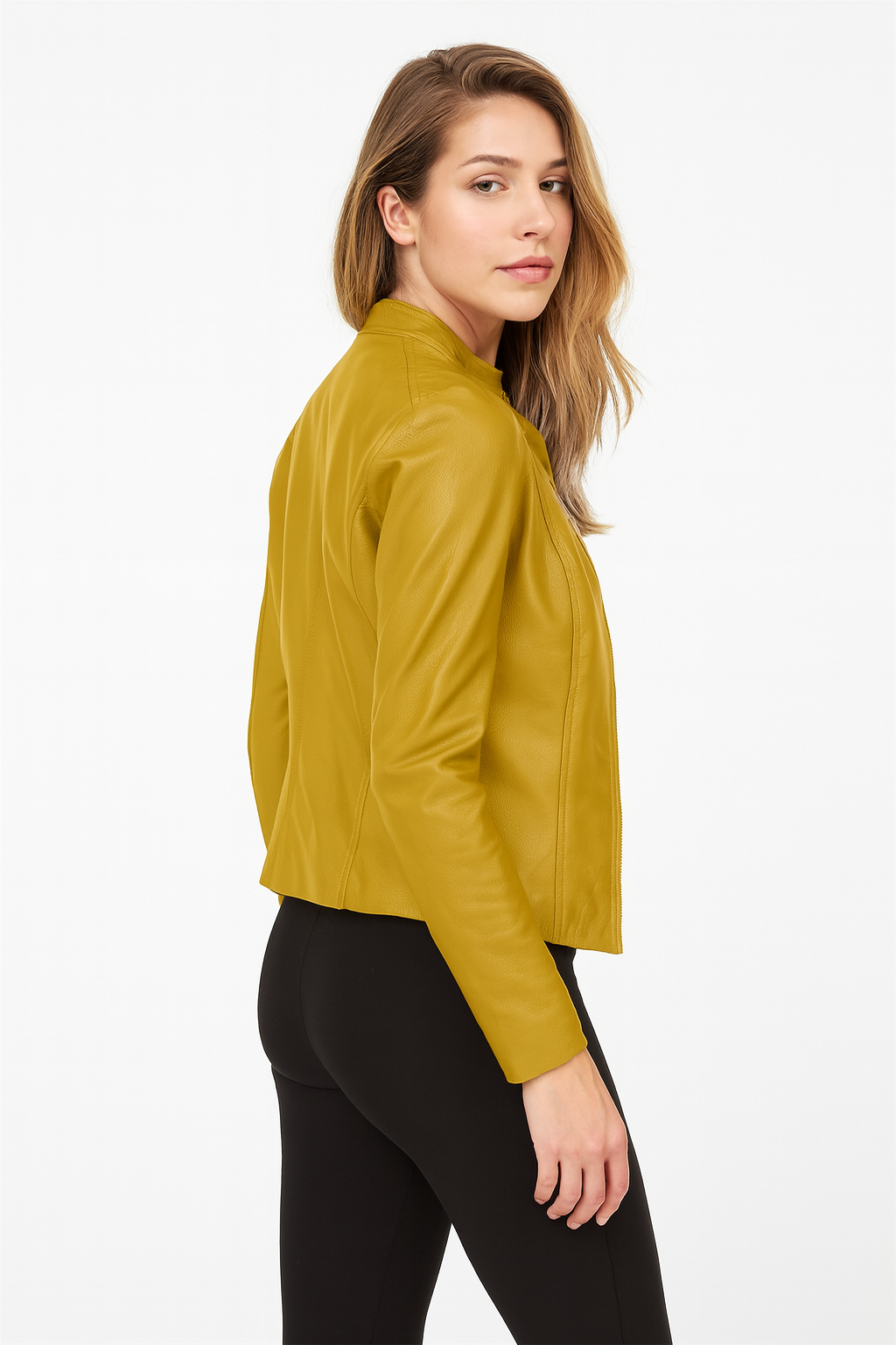 Sophisticated women's tailored zip-up jacket. Modern, versatile outerwear for chic everyday and evening looks.