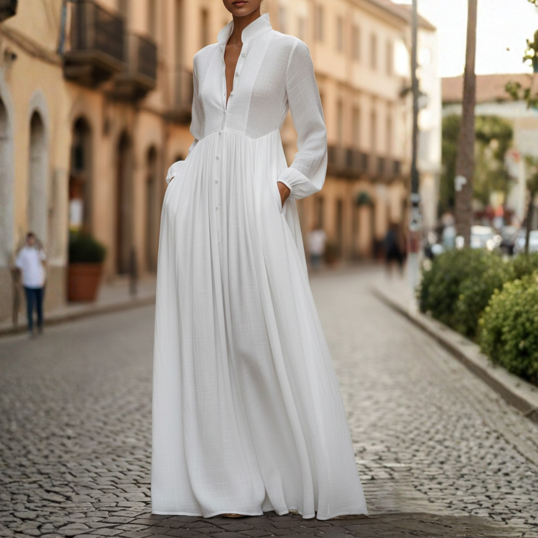 Women's taupe patchwork high neck long sleeve maxi dress, elegant and perfect for autumn or spring casual wear.