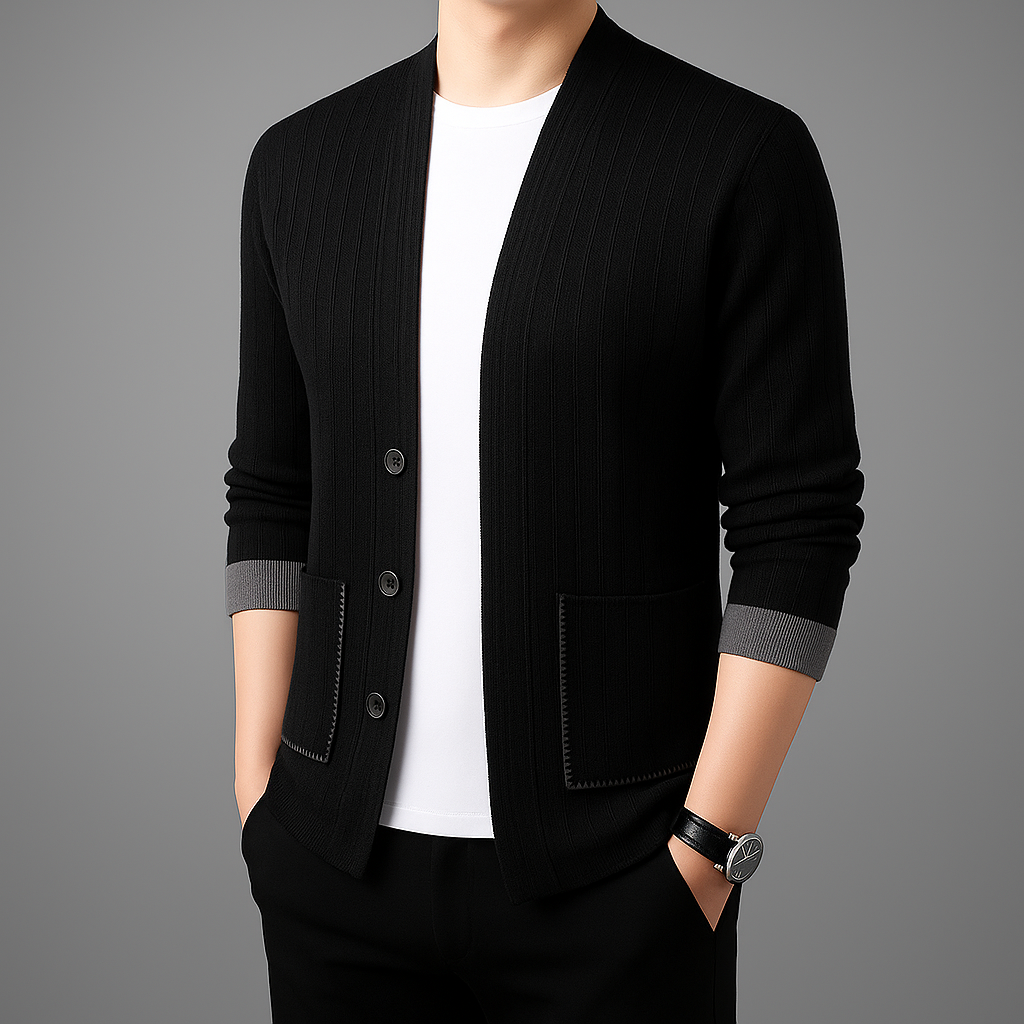 Close-up of the textured knit detail on a women's button front cardigan