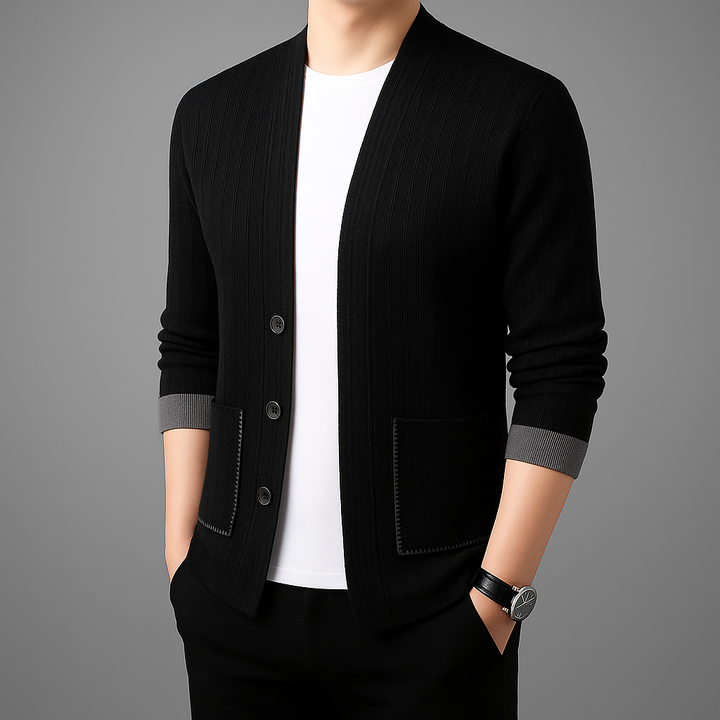 Close-up of the textured knit detail on a women's button front cardigan