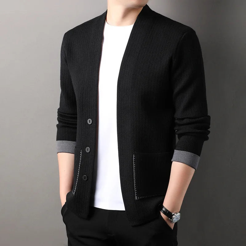 Front view of a women's button-front cardigan, showcasing the knit texture