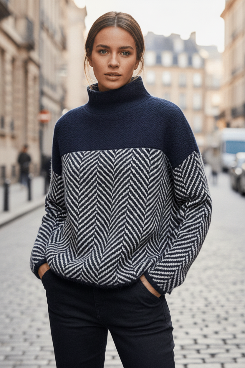 Elegant women's textured knit sweater, a relaxed fit long-sleeve top with a stand-up collar for versatile fall style.