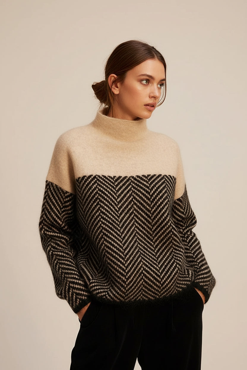 Cozy women's textured knit sweater with a stand-up collar. Warm long-sleeve jumper for winter apparel and fall fashion.