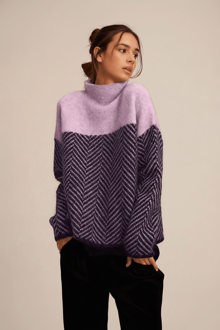 Women's high collar textured knit sweater, a relaxed fit long-sleeve top. Perfect for everyday fall and winter wear.
