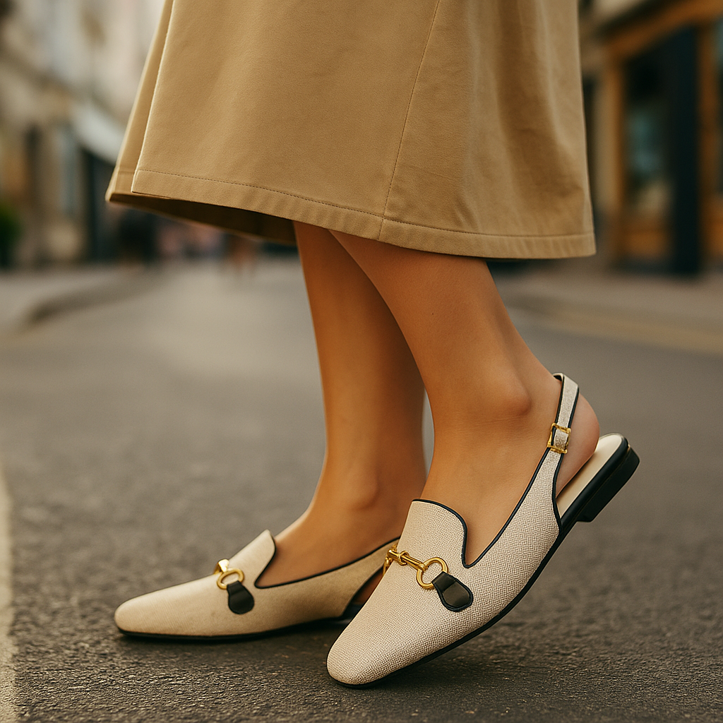 Front view of chic women's textured slingback loafers, a blend of elegance and comfort.