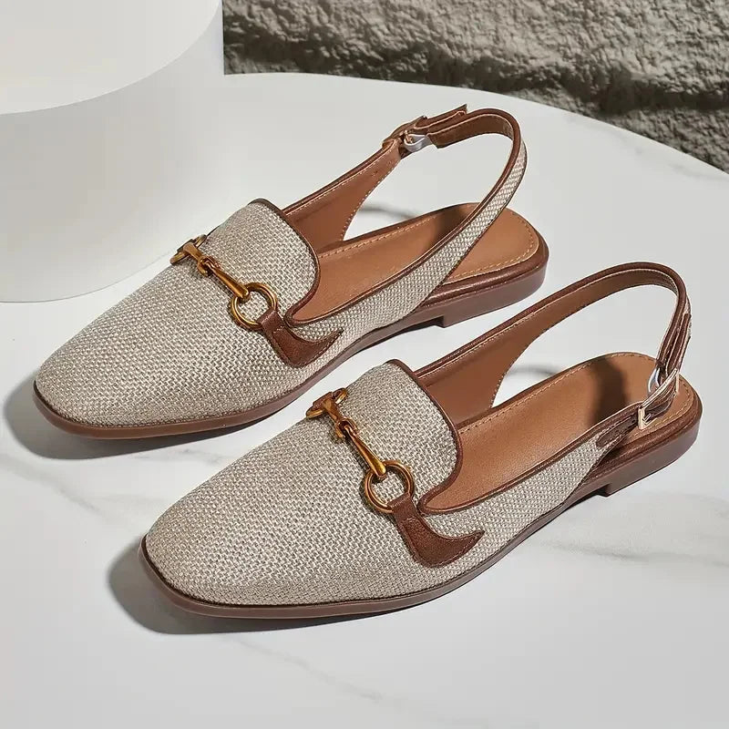 Detail of the woven texture on women's slingback loafer flats, indicating quality craftsmanship.