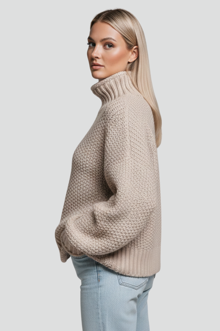 Women's oversized long sleeve textured turtleneck jumper, great for casual fall outfits.