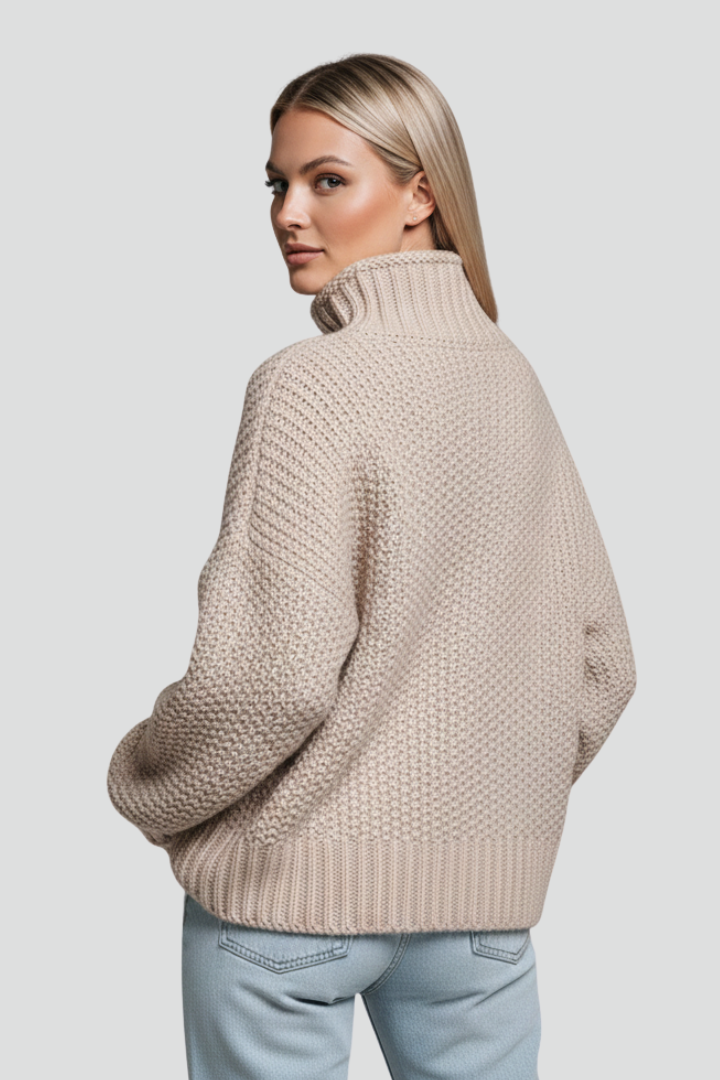 Stylish women's textured turtleneck knit sweater for winter; cozy, comfortable, and warm.