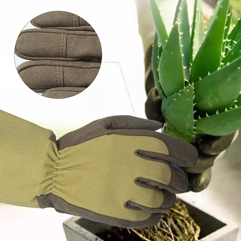 Long thorn-proof garden gloves for women, ensuring comfort and safety during rose care and pruning.