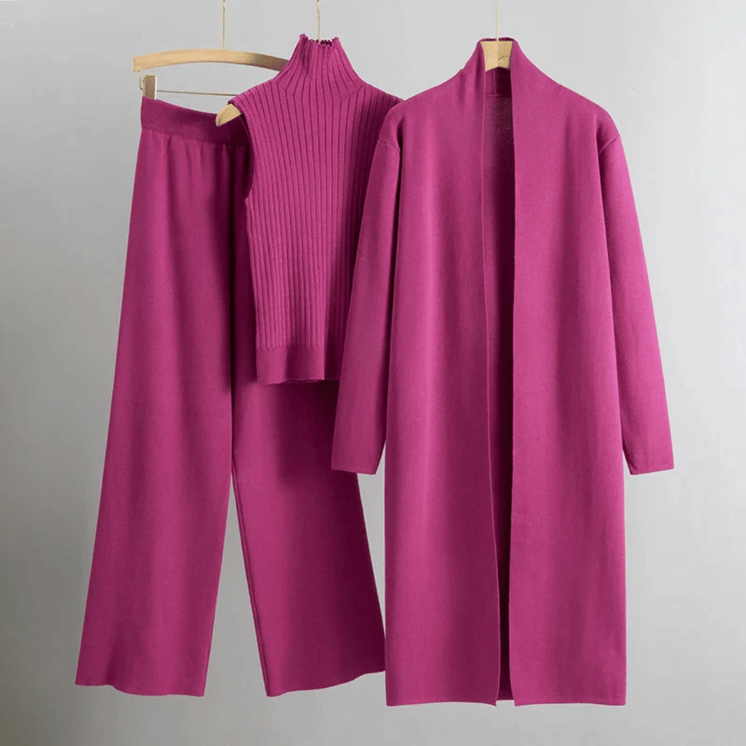 Casual chic women's three-piece pant set, featuring a sophisticated jacket, top, and pants for everyday wear