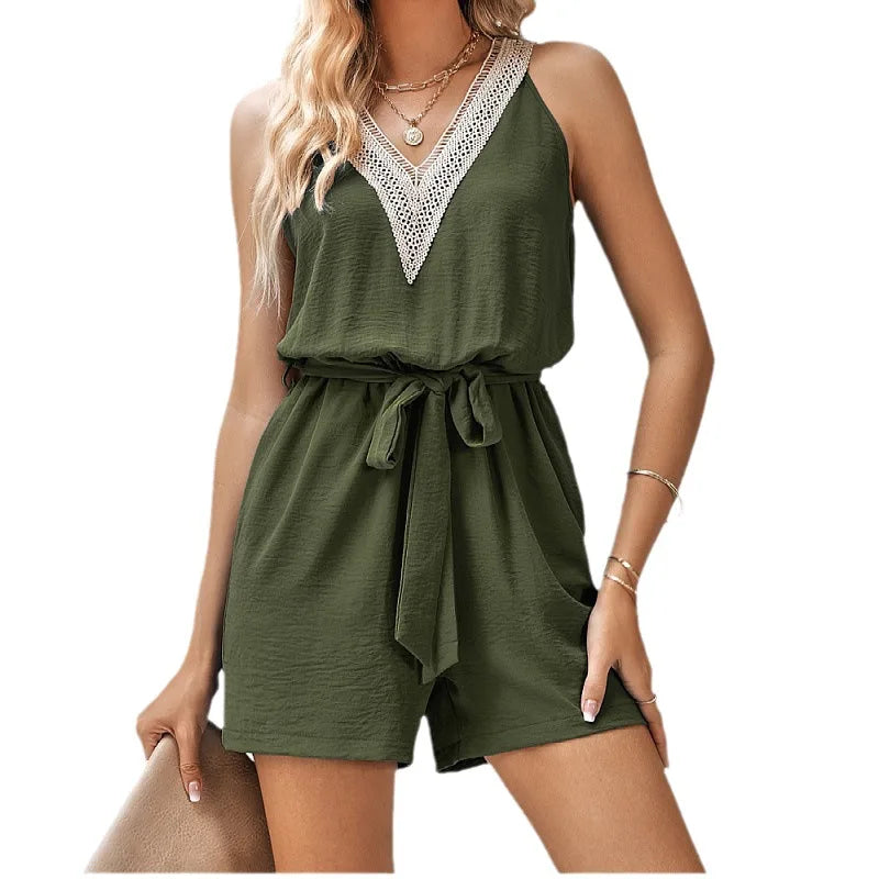 Women's tie-waist romper featuring elegant lace-trim V-neck and sleeveless design for summer fashion.