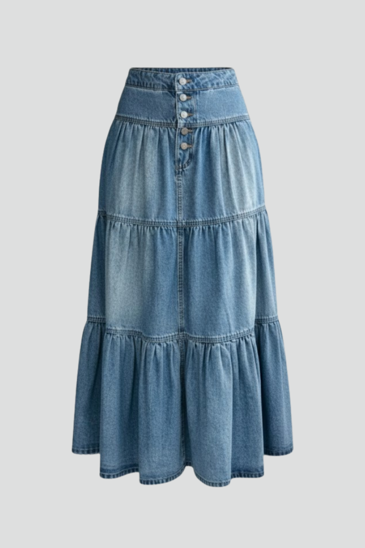 Women's tiered button-front denim maxi skirt with high waist, perfect for casual everyday wear.