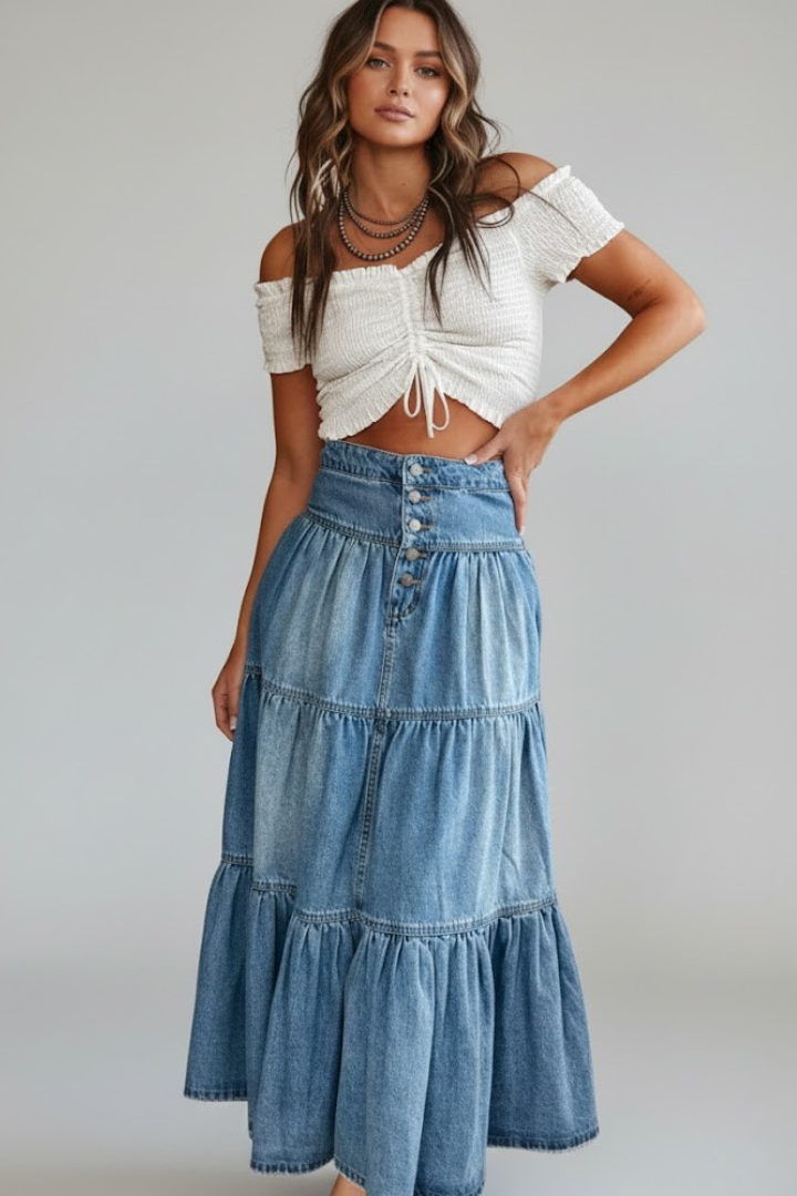 Stylish women's long denim skirt. Features tiered design, button front, and high waist for effortless fashion.