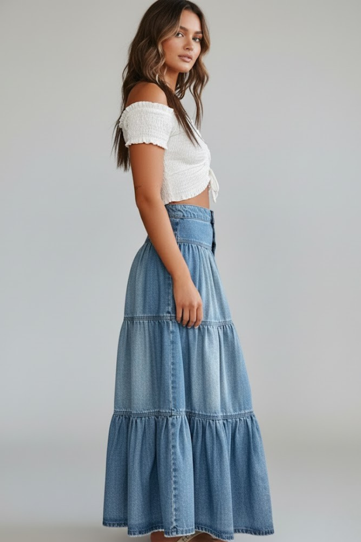 Effortless women's tiered denim maxi skirt. High-waisted with a full button-front, ideal for stylish casual wear.