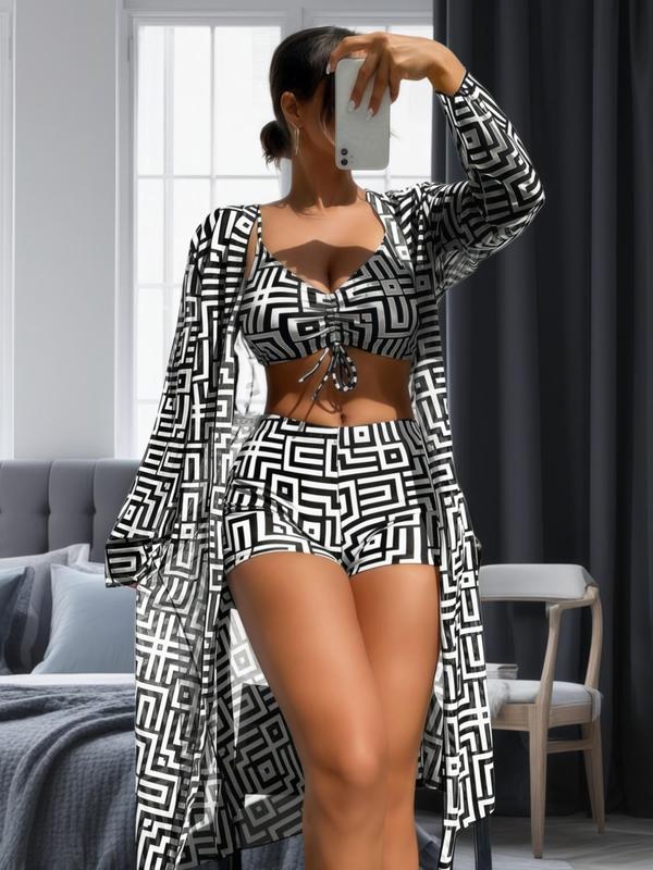 Chic 3-piece women's swimsuit set, ideal for summer fashion, beach outfits & vacation wear. Includes sheer cover-up.