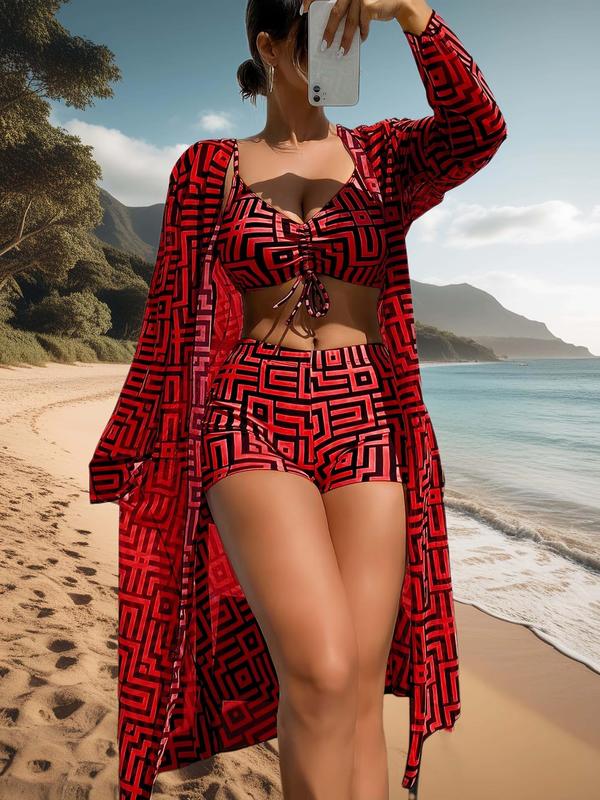 Fashionable Leona 3-piece women's swimsuit set: high-waist bikini, top & sheer cover-up. Essential summer beachwear.