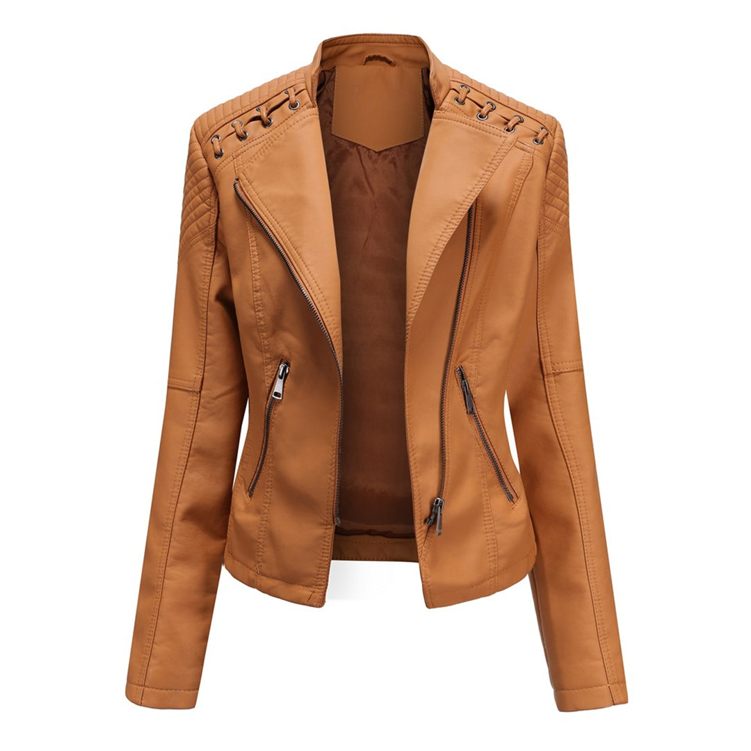 Women's trendy black faux leather biker jacket with prominent zipper front and collar, edgy style
