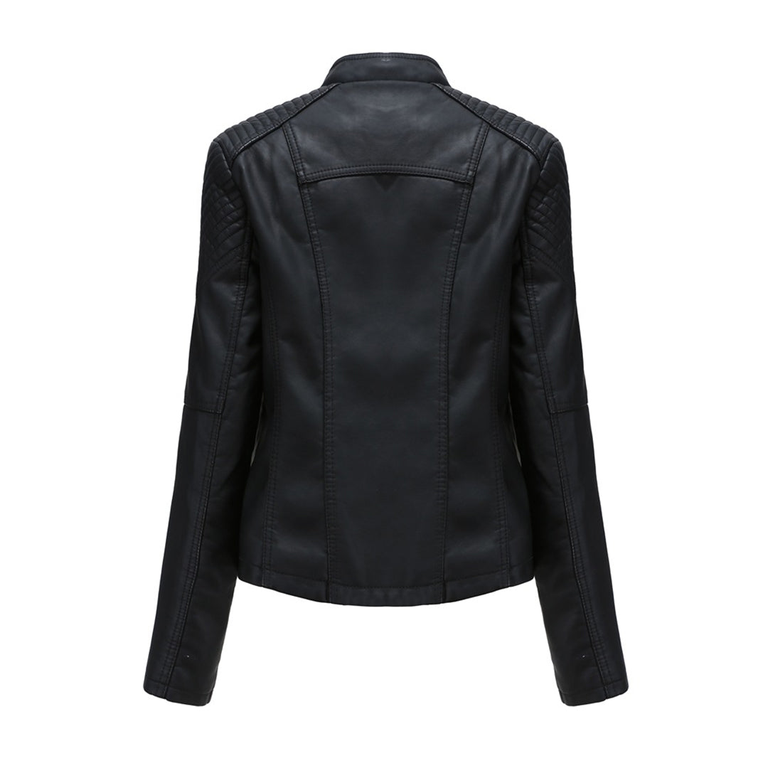 Chic women's faux leather jacket, black, featuring a full zipper front and lapel collar for a trendy look