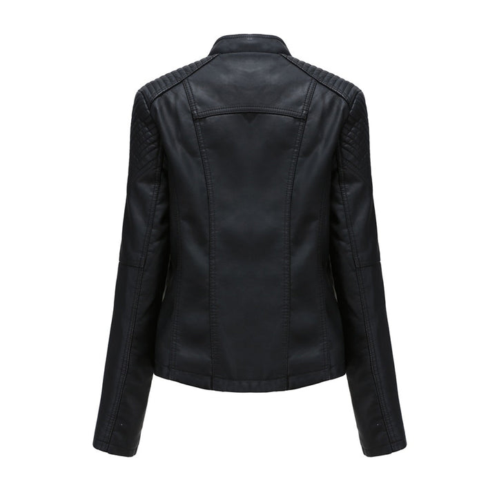 Chic women's faux leather jacket, black, featuring a full zipper front and lapel collar for a trendy look