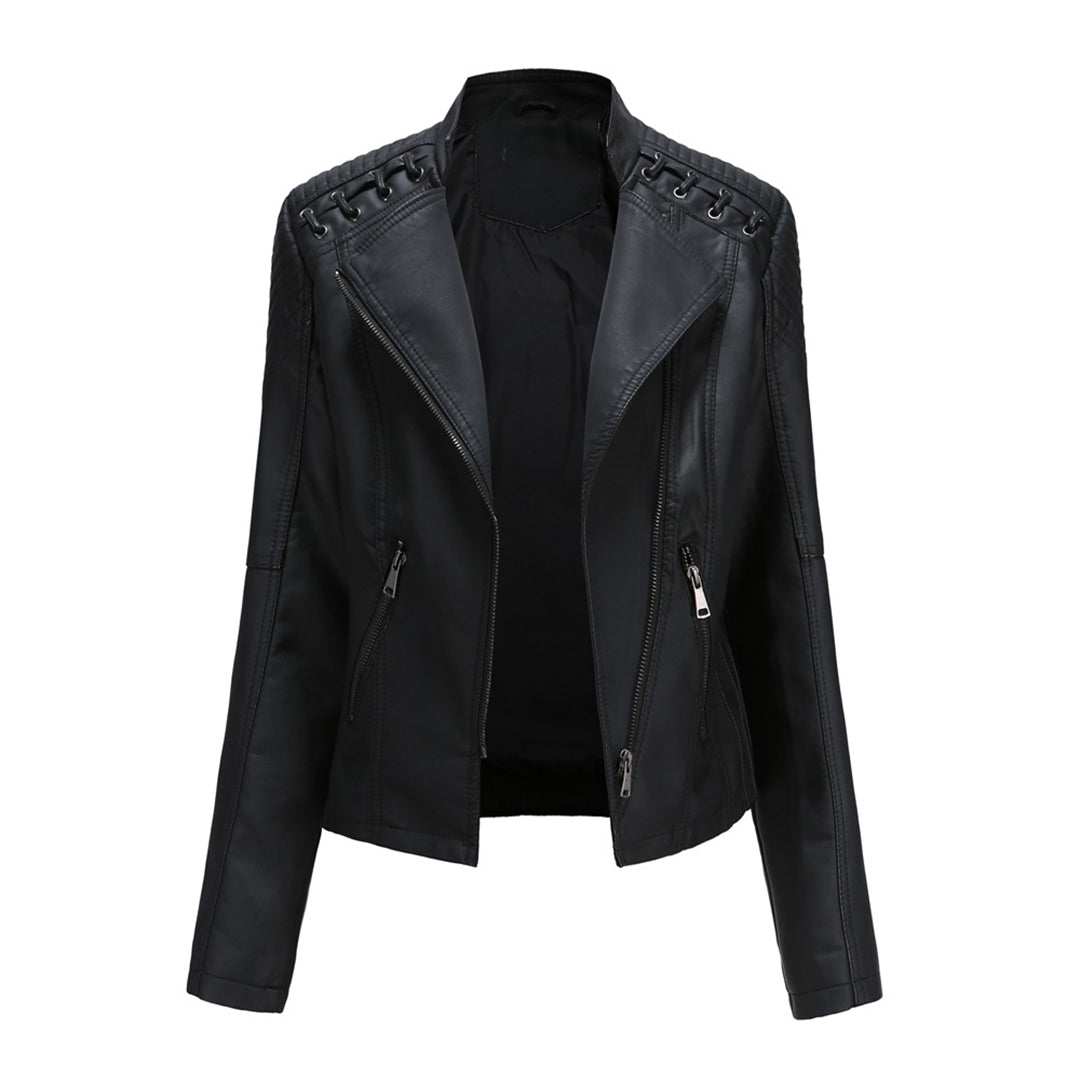 Fashionable women's biker jacket, black faux leather, with zipper detail on front and pockets, casual outerwear