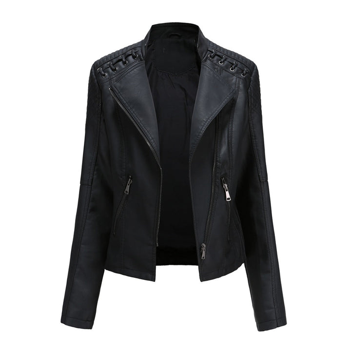 Fashionable women's biker jacket, black faux leather, with zipper detail on front and pockets, casual outerwear