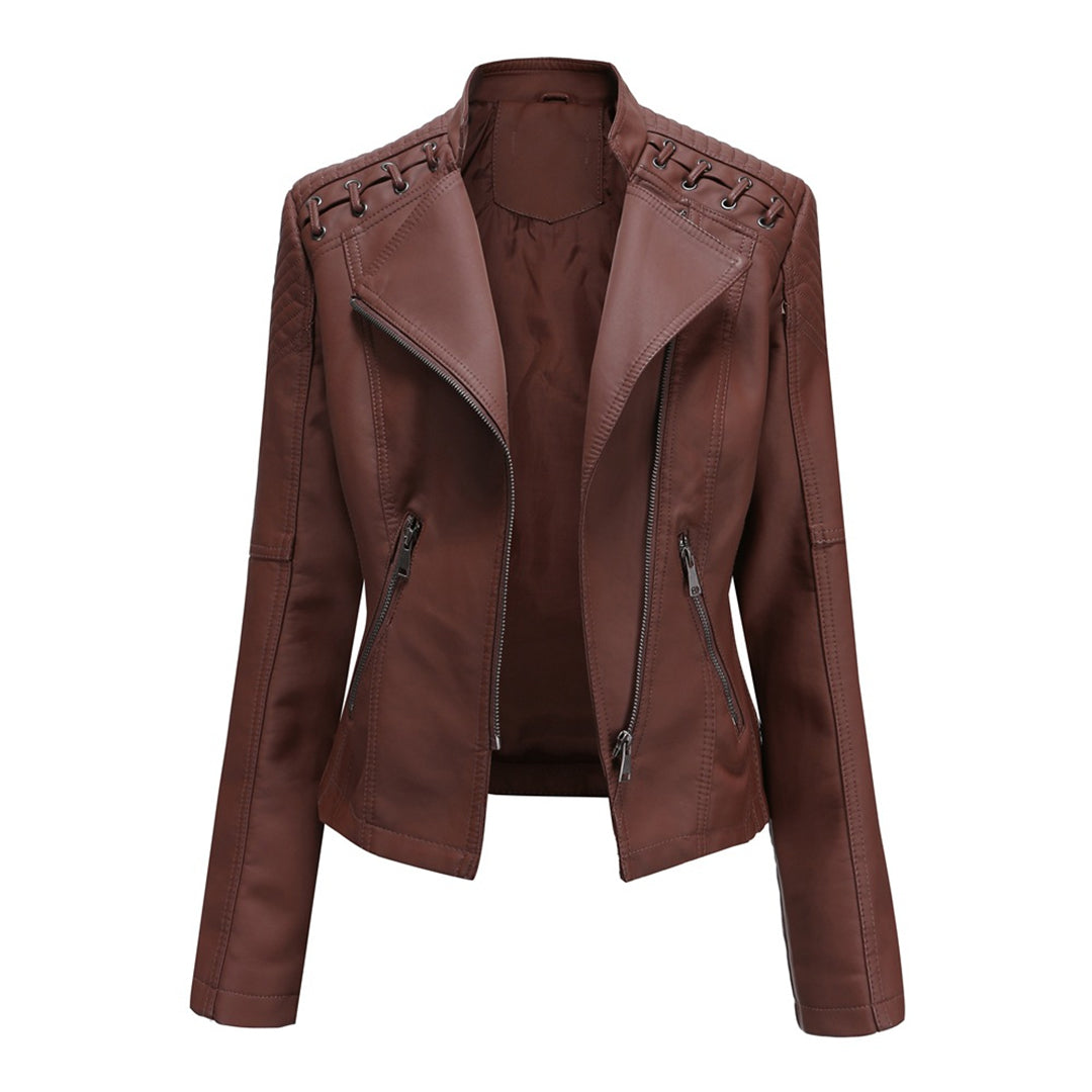 Edgy women's black faux leather jacket with an asymmetrical zipper front, perfect for a chic casual wear