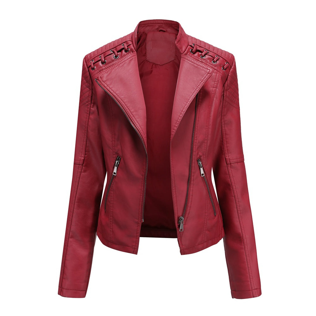 Trendy women's outerwear: black faux leather biker jacket with silver-tone zipper and snap details