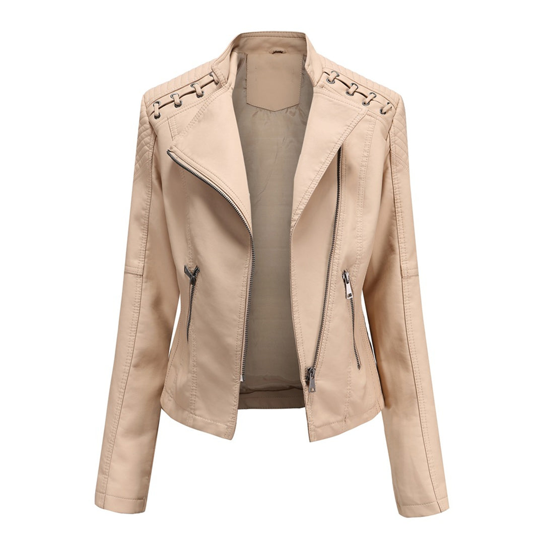 Close-up of a women's black faux leather jacket showing a sturdy zipper front and textured material