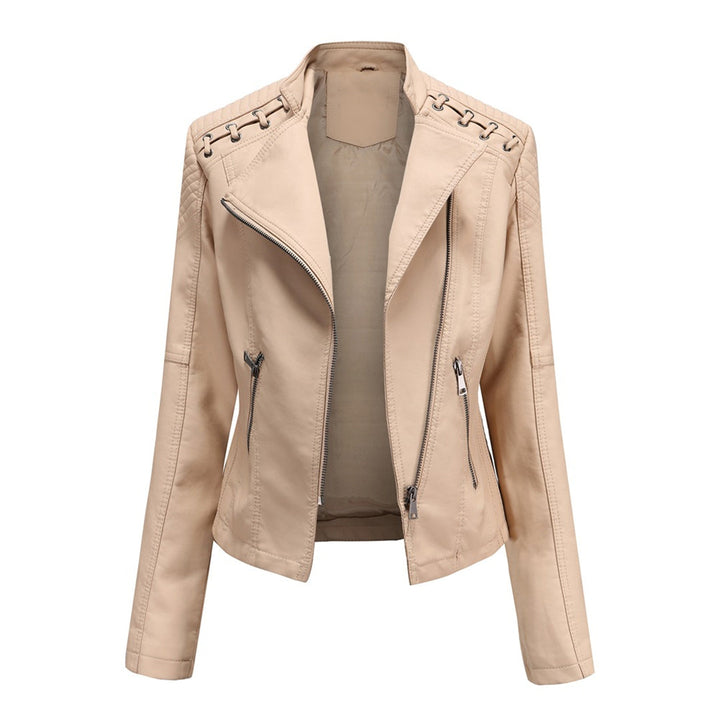 Close-up of a women's black faux leather jacket showing a sturdy zipper front and textured material