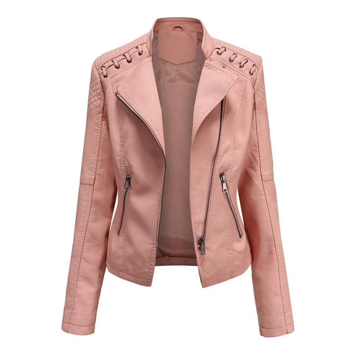 Stylish women's black faux leather jacket, a versatile piece of casual wear with classic biker elements