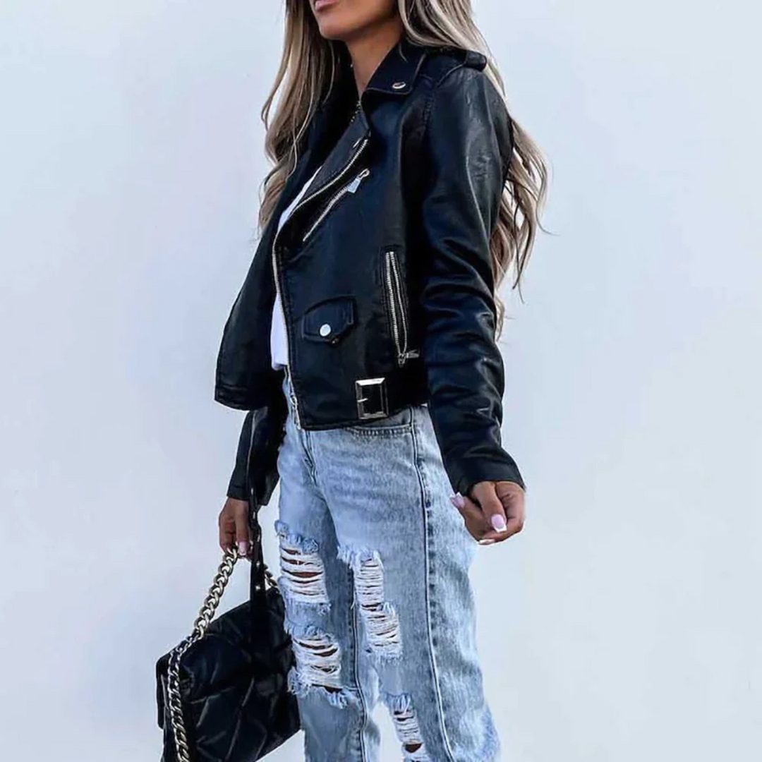 Stylish women's black outerwear biker jacket, slightly open, showing inner lining.