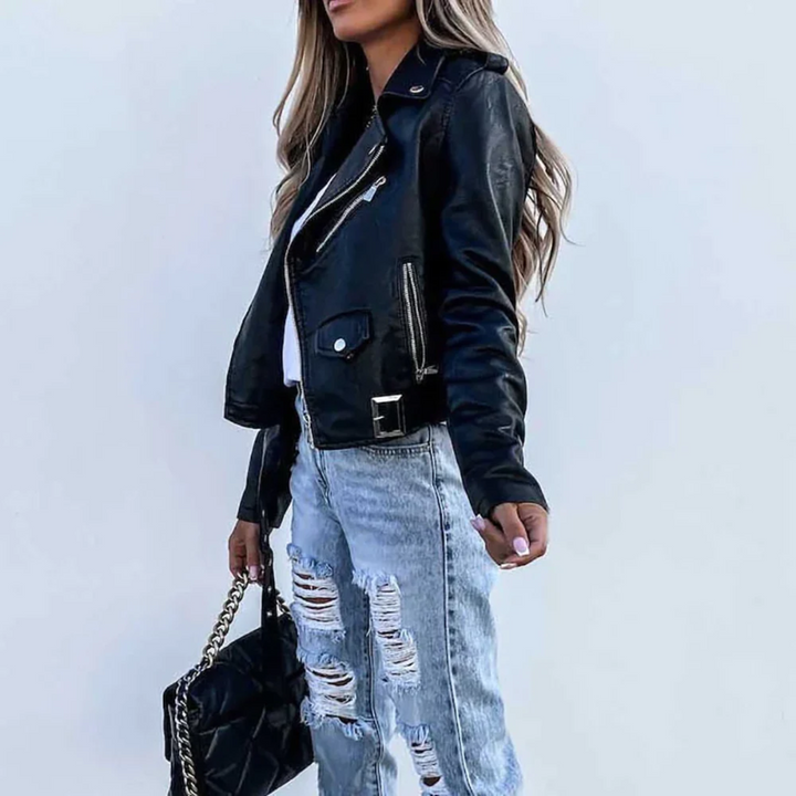 Stylish women's black outerwear biker jacket, slightly open, showing inner lining.