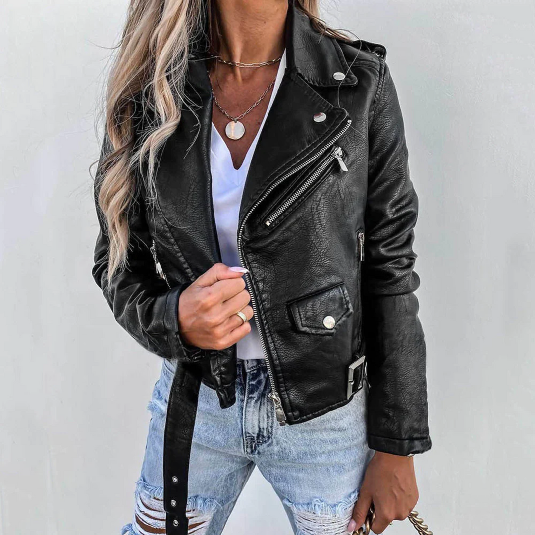 Trendy women's zip-up biker jacket in red, styled for a modern street look.